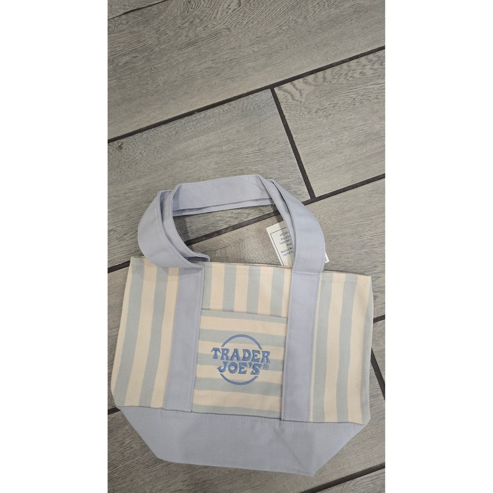 Trader Joe's Mini Canvas Tote Bag Light Blue Cream Striped Embroidered Logo NWT